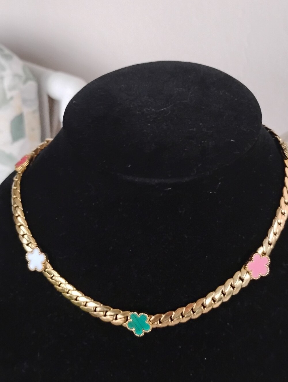Gold-Tone Chain Necklace with Pink, Green and White Clover Charms